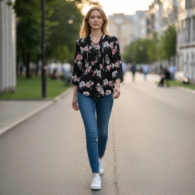 Rue 21 Women’s Size Small Black Floral Lace Up Blouse 3/4 Slv Boho Romantic Chic - Image 1 of 4