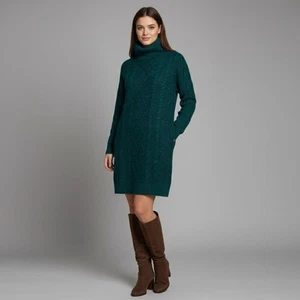 Blau Regen dunkel smaragdgrün Zopfmuster Rollkragen Pullover Kleid Gr. Medium - Bild 1 von 6