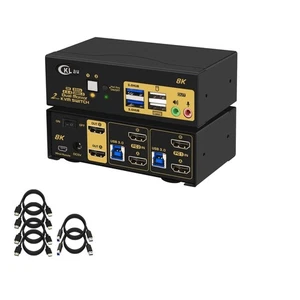 2 Porte 8K60Hz 4K144Hz Doppio Monitor KVM Switch HDMI con Cavi, Audio, Microp... - Foto 1 di 6