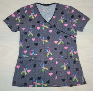 Cherokee Women's SZ XS Scrub Top Autism Awareness Love Puzzle Pieces Pockets - Picture 1 of 6