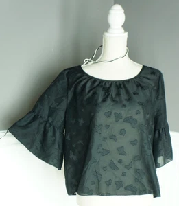 Madewell Glockenärmel schwarz Schmetterling-Jacquard Rüschen Bauern Popover Top L - Bild 1 von 4