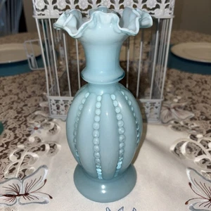 Vintage Fenton Light Blue Overlay Ruffled Beaded 8.25" Melon Vase - Picture 1 of 6