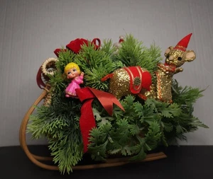 MCM Kitsch Christmas Decor Reindeer, Flocked Santa, & Angel in Rattan Sled  - Picture 1 of 12