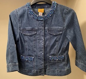 Ladies’ Ruby Rd. Petite Denim Jacket With Beaded Collar And Pockets Size 6P - Picture 1 of 11