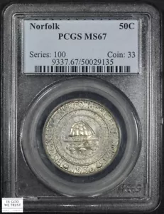 1936 Norfolk Commemorative Silver Half Dollar 50C PCGS MS 67 - Picture 1 of 5