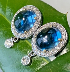 Diamond Vintage Earrings 18K 14K White Gold Topaz Cabochon Estate Fine Jewelry - Picture 1 of 23