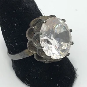 Vintage Sterling Silver & Solitare Cubic Zirconia Scalloped Edge Ring sz 6.5 - Picture 1 of 12