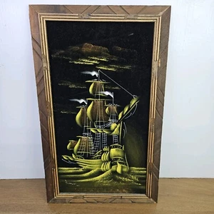VTG 70's Hand Carved Framed Mexico Velvet Painting Ship on the Sea 22.5" x 13.5" - Picture 1 of 9