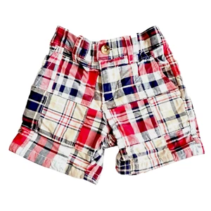 JANIE and JACK 3-6 Mo Classic Madras Plaid Patchwork Cotton Shorts Red Black - Picture 1 of 5
