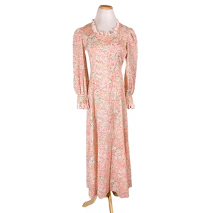 Vintage 70s or 80s Pink Dress High Waist Fitted Cuffs Puffed Sleeves Fits S - Picture 1 of 6