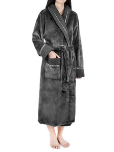 Womens Fleece Robe with Waffle Trim Plush Soft Warm Long Spa Night Bathrobe Lady - Picture 1 of 108