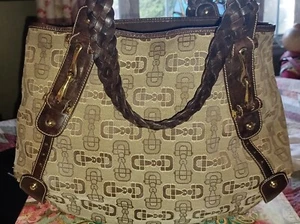 Gucci brown tan horsebit lrg canvas & leather hobo tote shop travel bag - Picture 1 of 11