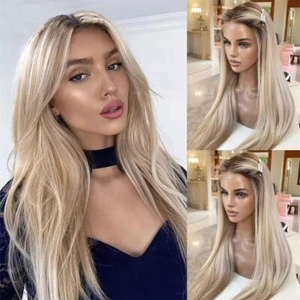 Balayage Ash Blonde Golden Blonde Lace Front Wigs for Women 100% Human Hair 24" - Picture 1 of 5