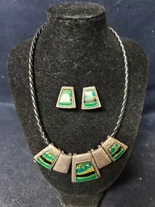 Vintage Chicos silberfarbene schwarze Leder Stein Halskette mit passenden Clip Ohrringe - Bild 1 von 2