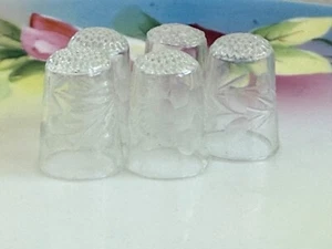 Vintage 40's lot Clear Etched Glass Thimbles Floral Leaves Berries - Picture 1 of 12