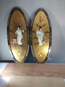 De colección Par Hermosos Paneles de Decoración de Pared Chinos Laca Jade Chinoiserie 36"  - Imagen 1 de 16