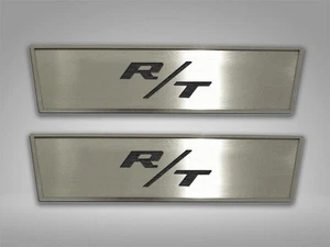 Door Badge Plates Brushed Black "R/T" Inlay 2pc fits 2008-2014 Dodge Challenger - Picture 1 of 2