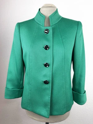 Blazer para mujer Tahari Arthur Levine 4P verde forrado manga 3/4 4 botones longitud cadera Foto 1 de 4