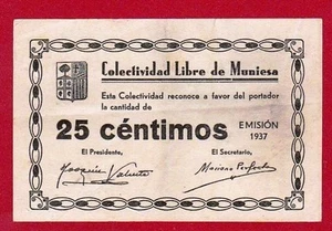 Rare 25 Céntimos 1937 Colectividad Libre de Muniesa (Teruel) VF+ - Picture 1 of 2