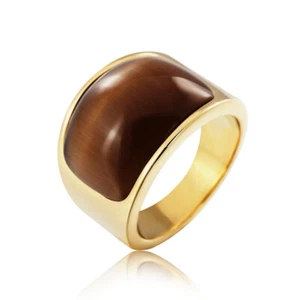 Ring for Men Women Gold Plated Stainless Steel Brown Stone Band Wedding Gift - Picture 1 of 20