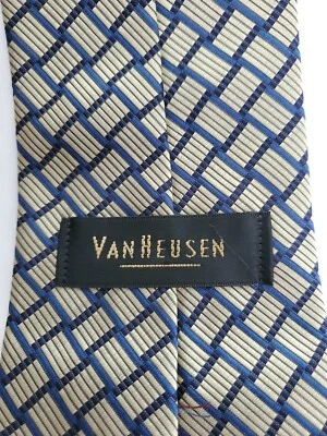 Corbata Van Heusen - Cuadrados geométricos dorados y azules - 100 % seda Foto 1 de 4