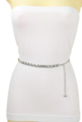 Donna Metallo Argento Catena Clubwear Festa Bling Cintura Quadrato Chars FIT M L - Immagine 1 di 4
