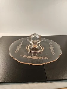 Vtg Pink Floral Etched Depression Glass Center Handle Dessert Tidbit Tray Round - Picture 1 of 10