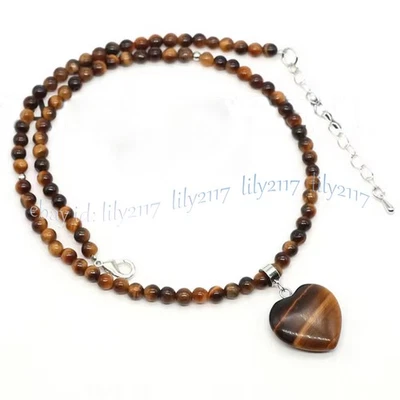 Collar colgante corazón cuentas redondas gemas ojo de tigre amarillo natural de 4 mm 14-32"" Foto 1 de 4