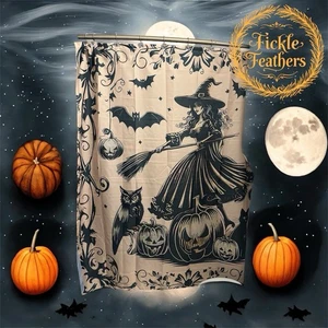 1pc Vintage Witch & Black Cat Shower Curtain with Pumpkins and Bats - Picture 1 of 9