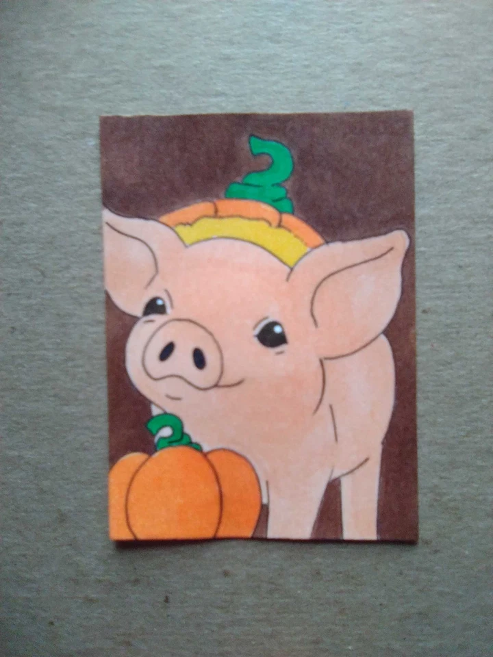 Tarjeta de arte en miniatura ACEO original de medios mixtos ATC animal calabaza cerdo Foto 1 de 1
