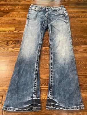 BKE Denim Men 27R Blue Aiden Stone Wash Stretch Thick Stitch Bootleg Jeans - Image 1 of 4
