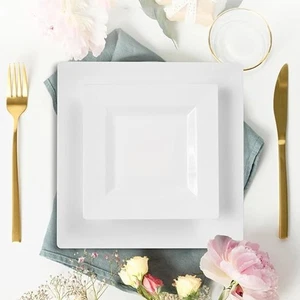 10Pcs Plastic White Square Plate 6.5/9 in Dessert Dish Restaurants - Picture 1 of 14