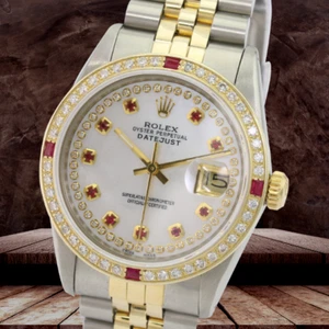 Rolex Mens Datejust Watch 18KY & Steel White MOP Diamond Ruby Dial Jubilee 16233 - Picture 1 of 16