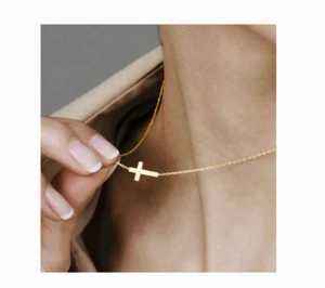 Stainless Steel "Sideways Cross" Pendant 18K Gold Plated Necklace - Picture 1 of 2