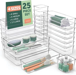 25-PC Clear Plastic Desk Drawer Organizer Set - 4 Sizes Makeup Jewelry Kitchen - Picture 1 of 9