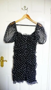 H&M Draped Tulle Dress Black White Spotted Frill Trim Puff Sleeves UK 18 BNWT - Picture 1 of 6