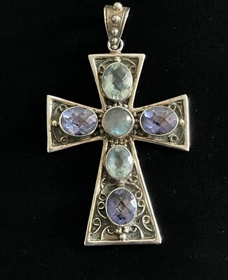 Gorgeous NICKY BUTLER 925 Sterling Labradorite Topaz Multi Gem Cross Pendant - Image 1 of 4