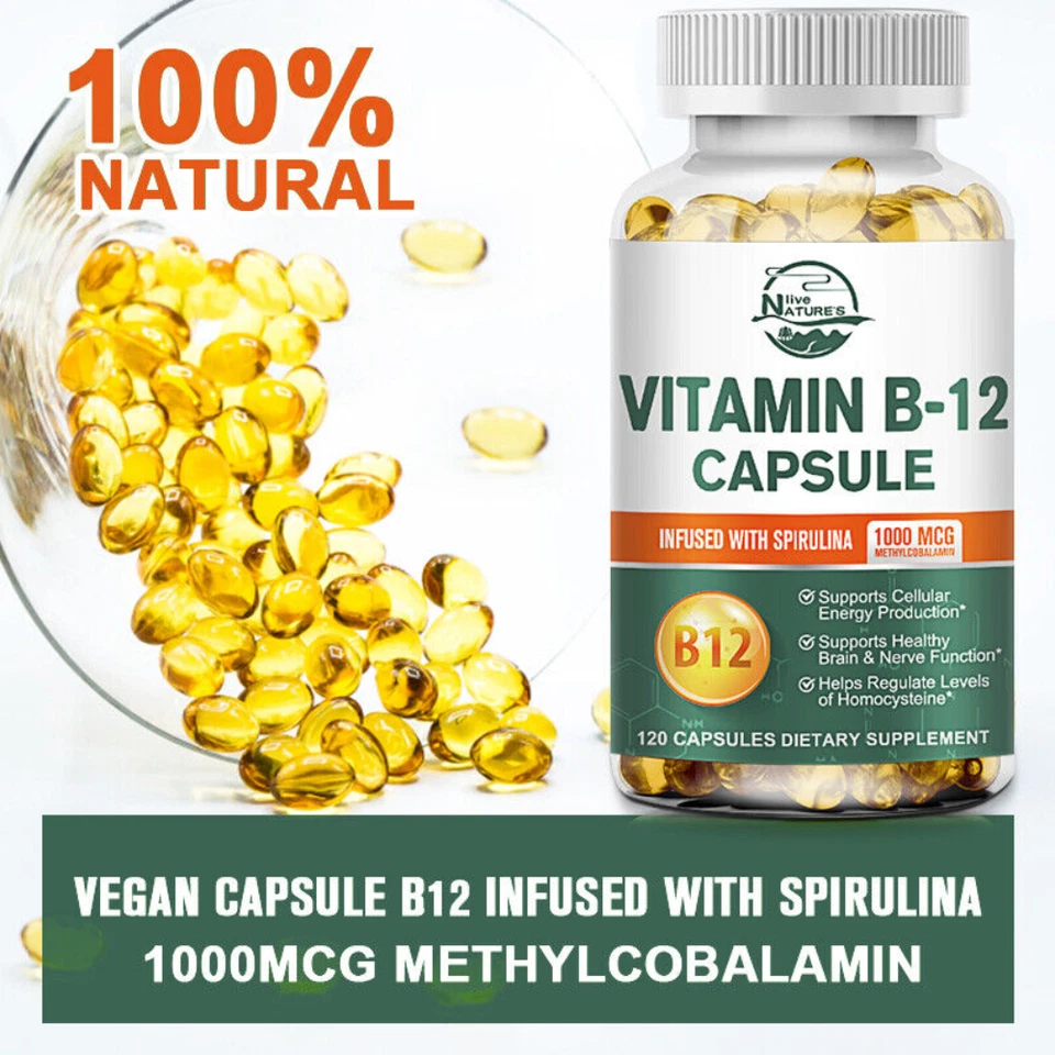 120/240/480 Cápsulas - Vitamina B12 (Metilcobalamina) 1000mcg, ESPIRULINA No OGM Foto 1 de 4