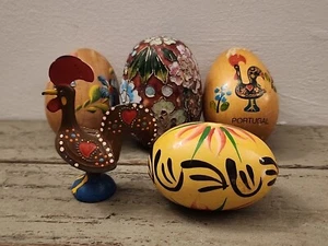 Portuguese Rare Brown Painted Rooster Galo De Barcelos Metal Figure & Wood Eggs - Picture 1 of 6