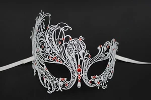 Elegant Masquerade Masks White Swan Venetian Metal Mask with Red Crystals - Picture 1 of 3