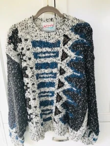 In Private Sweater Sz L Vtg 80s Knit Pullover Coogie Style White Black Blue L/S - Picture 1 of 12