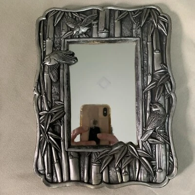 Vintage Carved Heavy Silver Resin Wall Art Mirror Bamboo Bird Design Tropical - Image 1 of 4