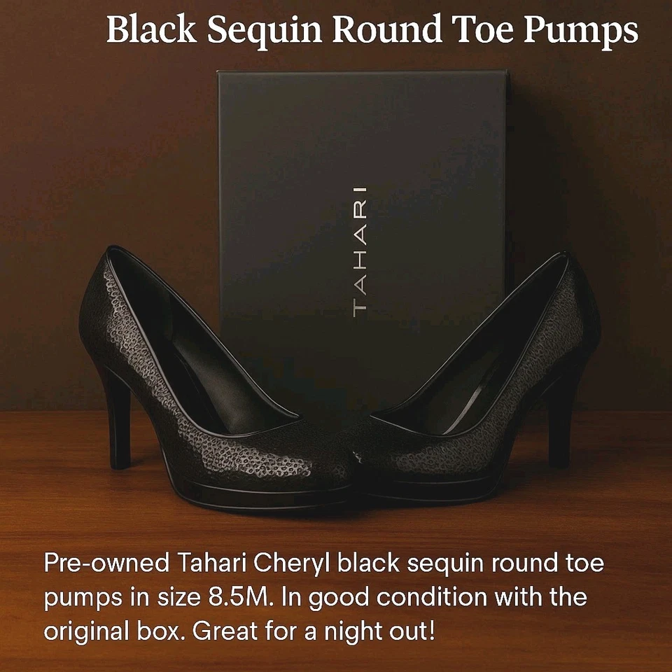 Tahari Cheryl Negro Lentejuelas Plataforma Zapatos Tacones Talla 8.5M con Caja - ¡Elegantes! Usado en excelente estado! Foto 1 de 4