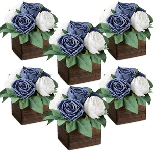 Juego de 6 centros de mesa de comedor - Rosa aritifial prefabricada con jarrón de madera... - Imagen 1 de 6