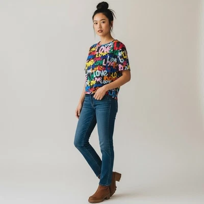 Camiseta Shein Curve 1XL Gráfica Estampado Amor Vibrante Multicolor Manga Corta Foto 1 de 4