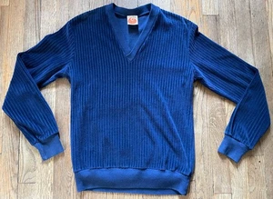 VTG 70s-80s V-Neck Ribbed Velour Sweater by Oscar, Navy Blue, Men’s Sm, Mod Jazz - Picture 1 of 11