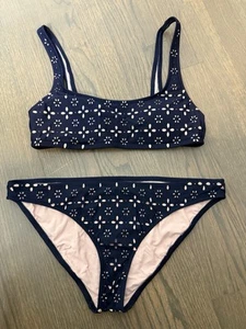 J Crew Bikini Medium Top Large Bottom Navy Blue Laser Cut Flower - Picture 1 of 12