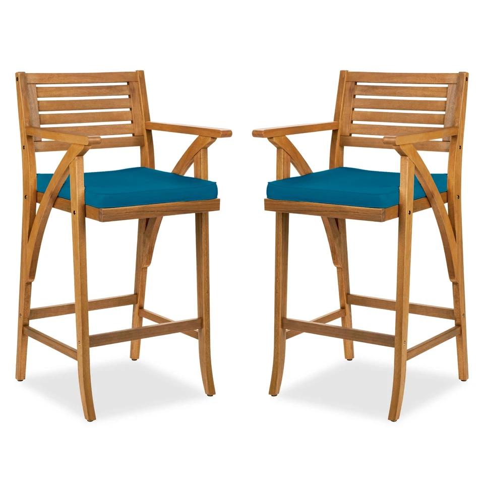 Juego de 2 sillas taburetes de bar de madera de acacia para exteriores con cojines resistentes a la intemperie Foto 1 de 1