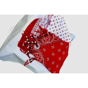Women's Set of 2 Vintage Red and White Western Bandanas Beads Paisley Prints - Picture 1 of 9