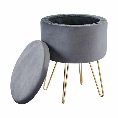 US Round Velvet Footrest Stool Ottoman Upholstered Vanity Chair Seat w/ Storage - Image 1 of 4